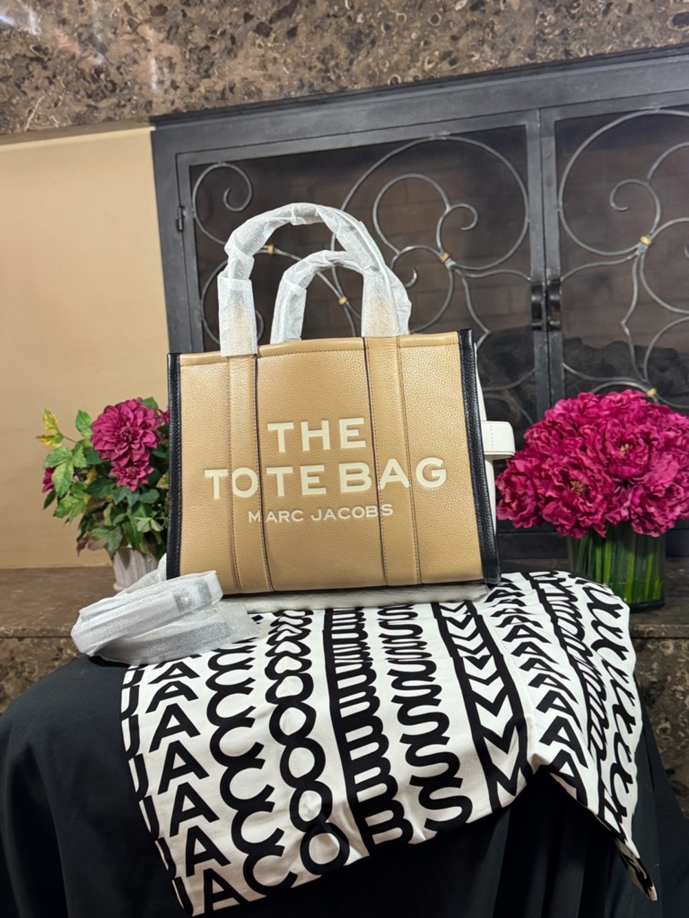 Tan and Black 'The Tote Bag' Logo Tote crossbody strap. Original dust cover